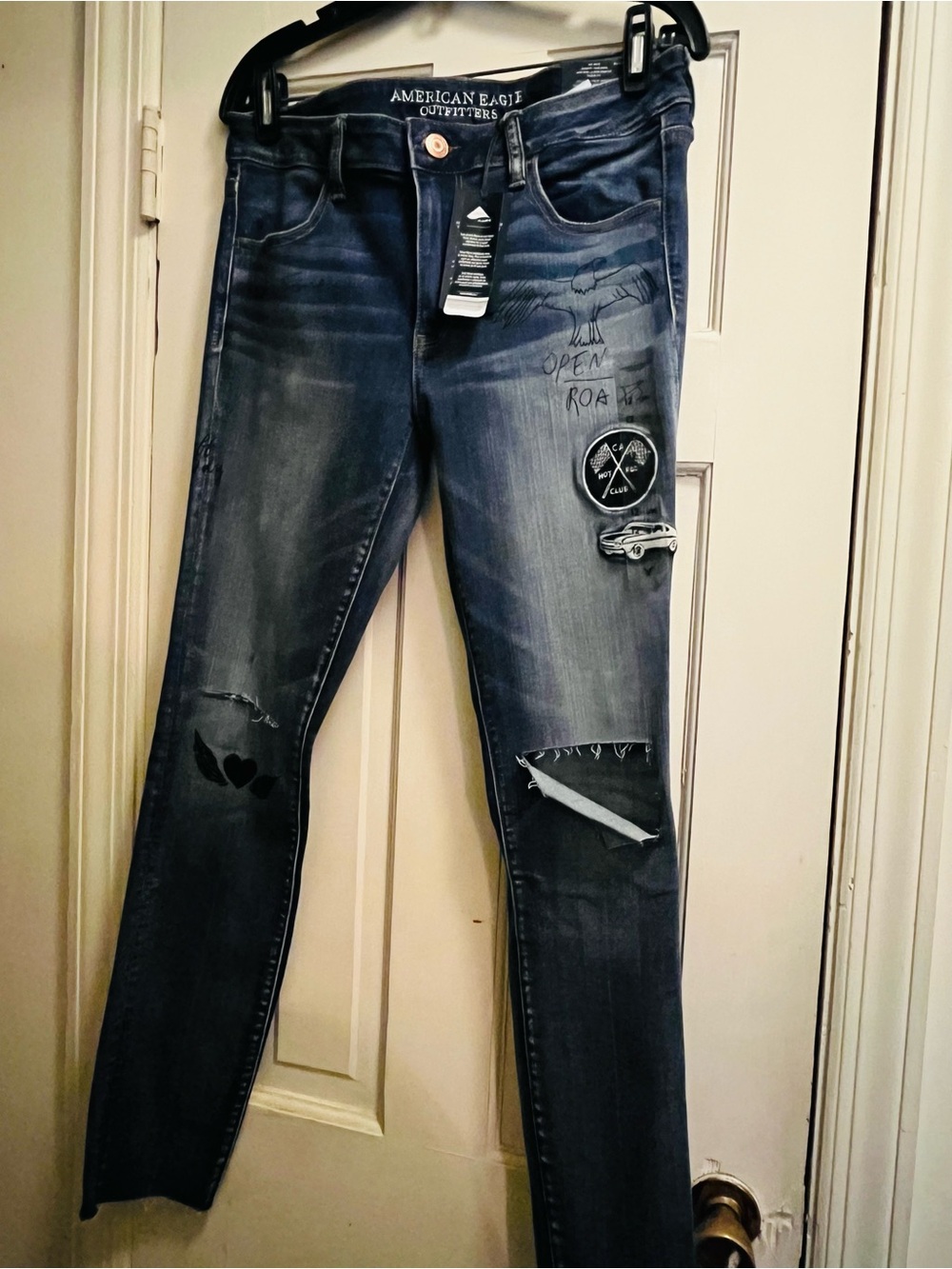 American Eagle Outfitters Women's Distressed Skinny Jeans - Dark Wash Blue